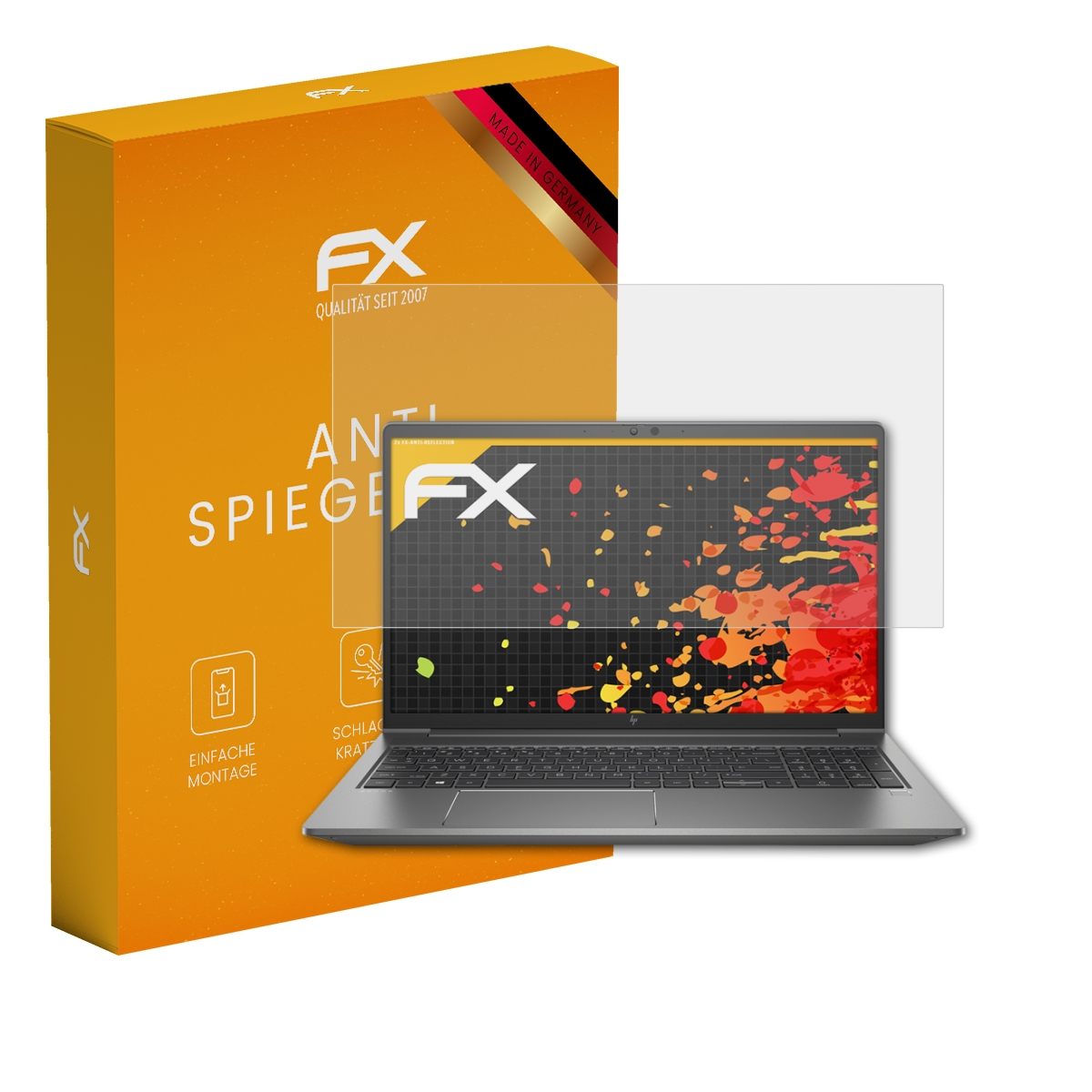 Laptop mit Displayschutzfolie auf dem Bildschirm. Eine Box auf der linken Seite. Die Box ist orange.