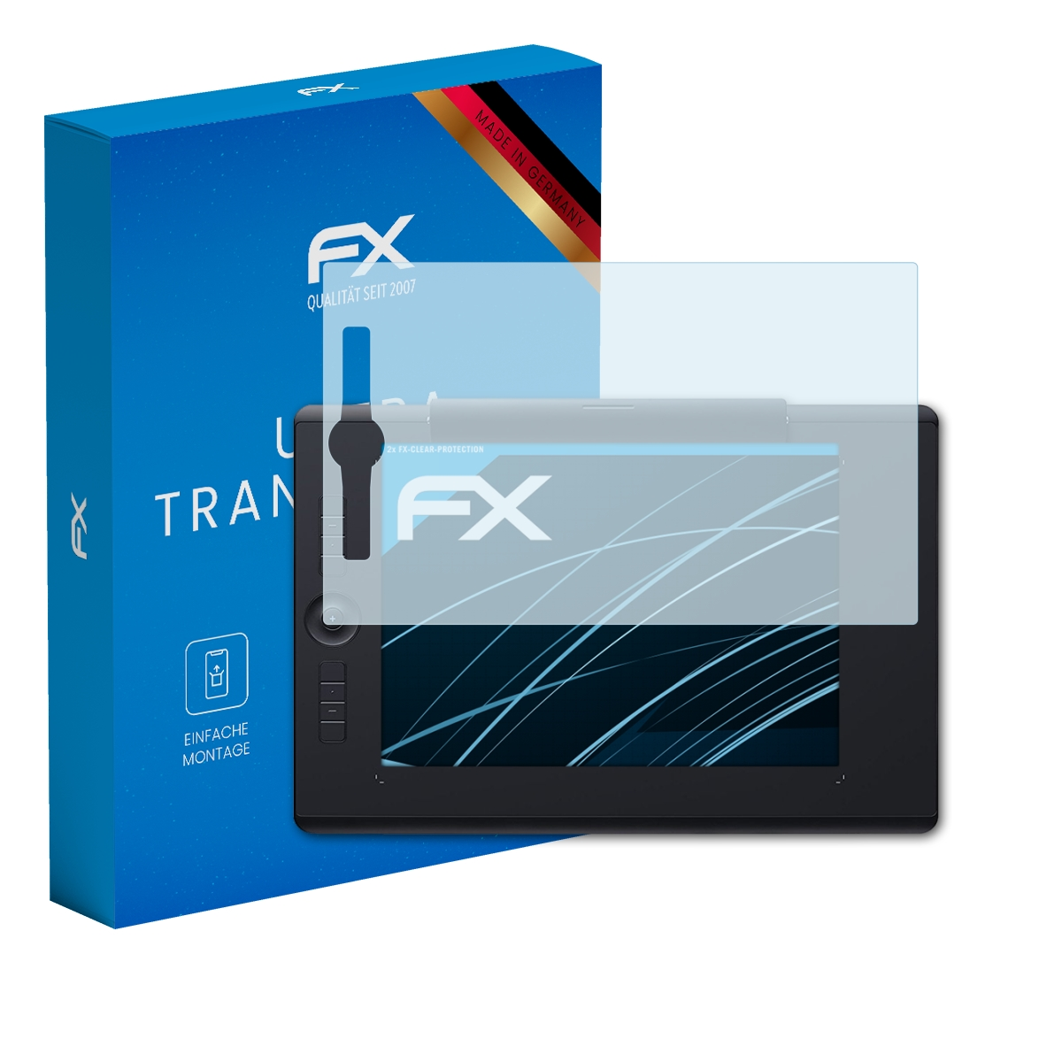 Schwarzes Tablet mit Displayschutzfolie und blauer Box. Das Tablet hat einen Stift.