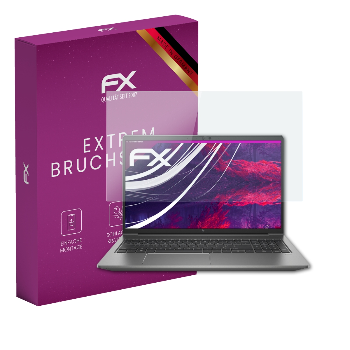 Laptop mit Displayschutz, Box mit Text und Logo. Hergestellt in Deutschland.