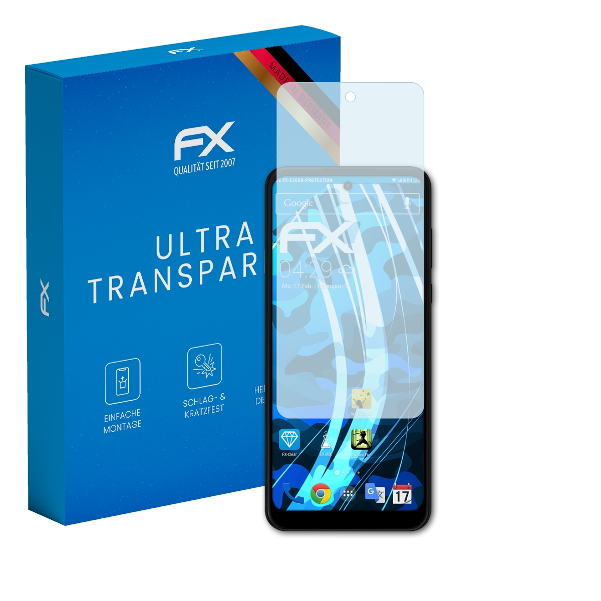 Smartphone mit Displayschutz und blauer Box. Der Bildschirm zeigt Uhrzeit und Apps.