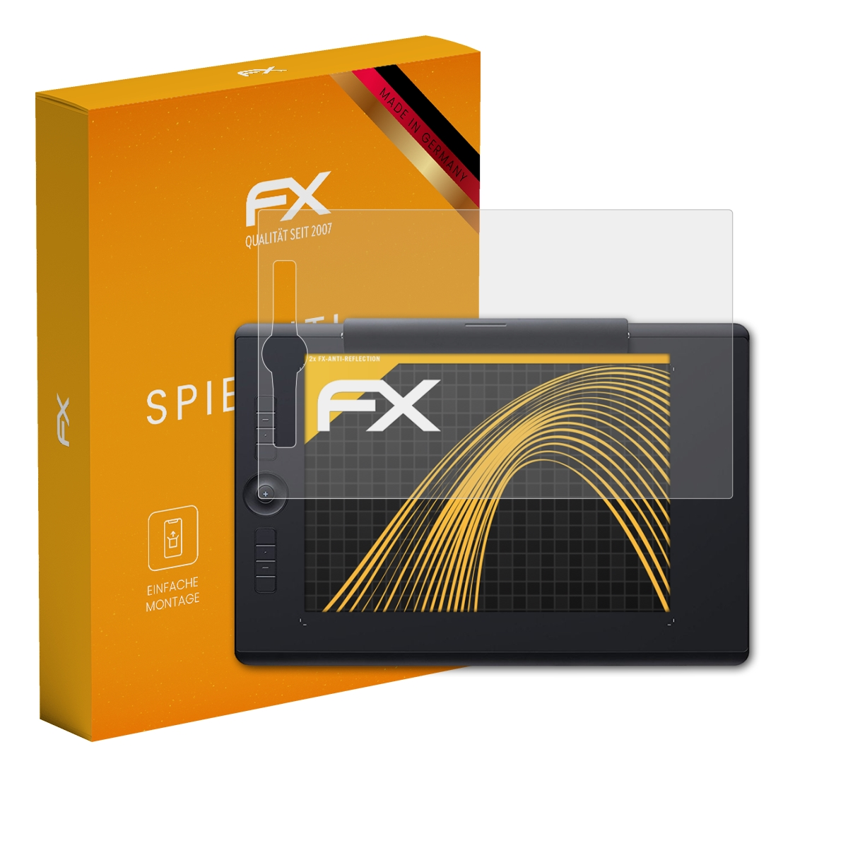 Ein Tablet mit Displayschutzfolie neben einer orangefarbenen Schachtel mit dem FX-Logo.