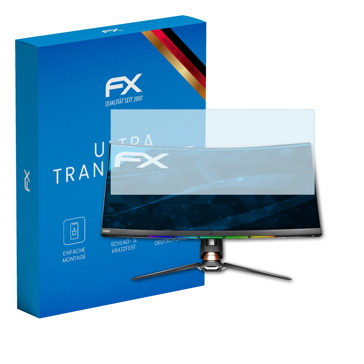Ein Monitor mit Displayschutzfolie neben einer blauen Schachtel mit dem FX-Logo.