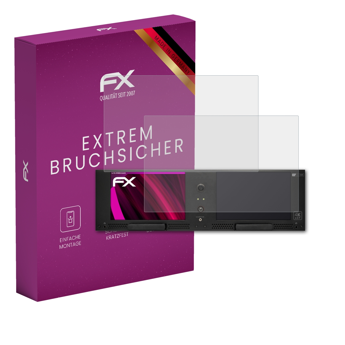 Ein Gerät mit Displayschutzfolie neben einer Schachtel mit der Aufschrift 'Extrem Bruchsicher'.