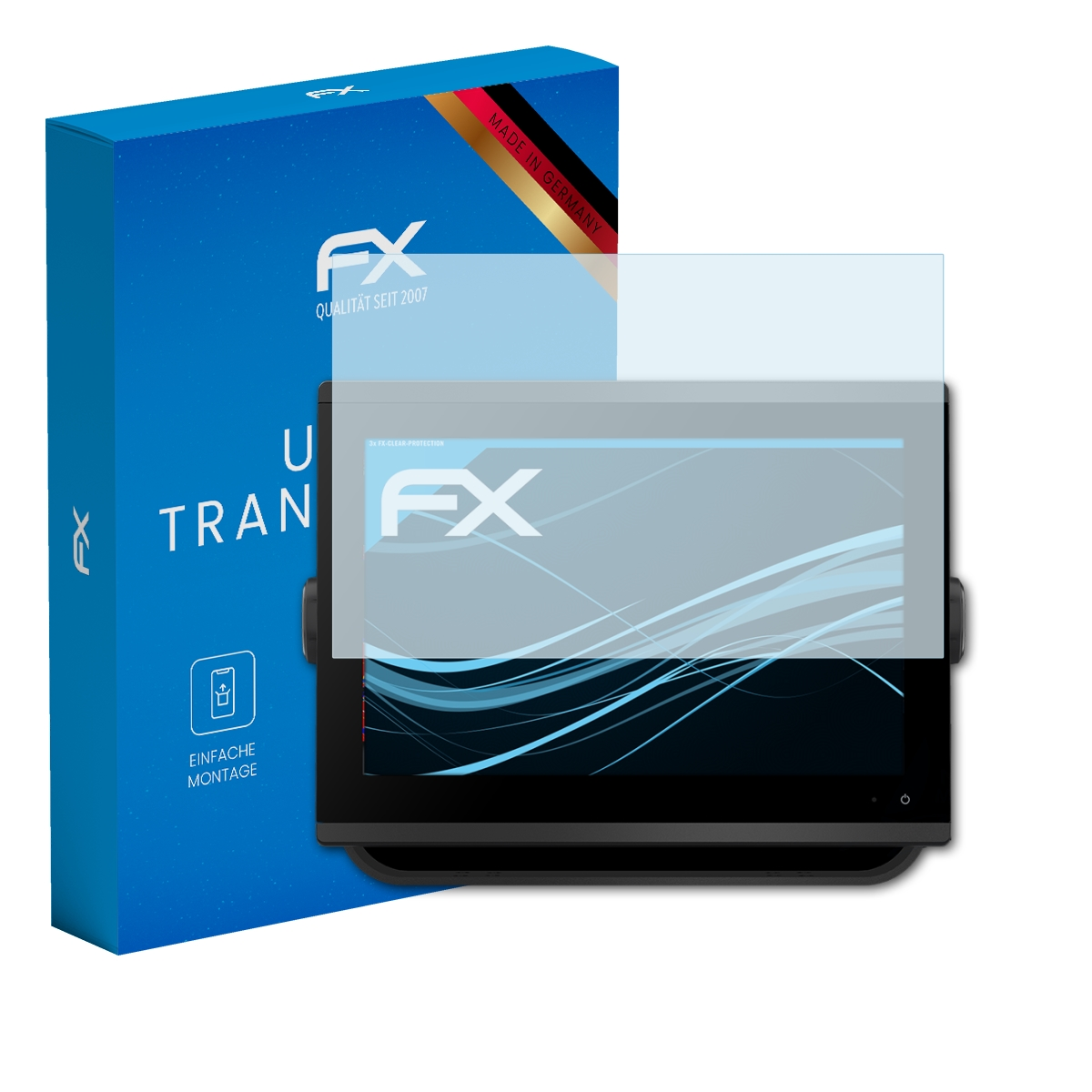 Schwarzer Bildschirm mit FX-Schutzfolie und blauer Box. Made in Germany-Etikett auf der Box.