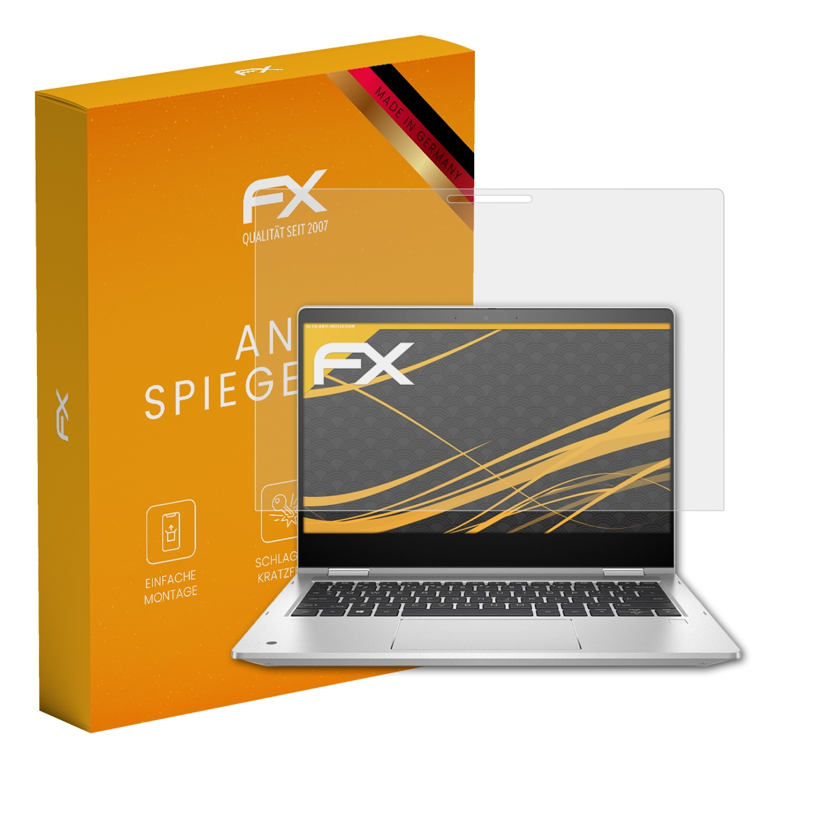 Laptop mit Displayschutz, Box mit "FX" und "Anti Spiegel".