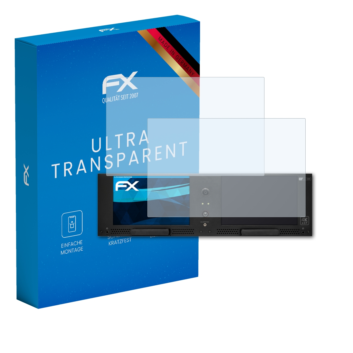 Blaue Box mit Displayschutz und einem schwarzen Gerät. Box sagt 'Ultra Transparent' und 'Made in Germany'.