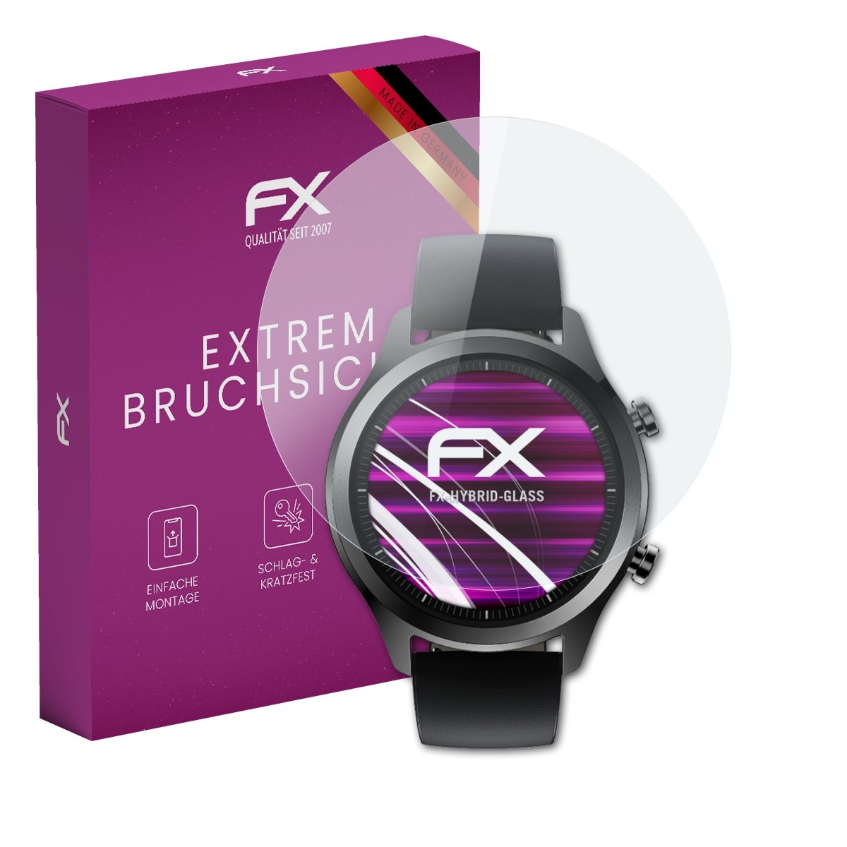 Lila Box mit Uhr, klarer Displayschutz. Zifferblatt zeigt FX-Logo.