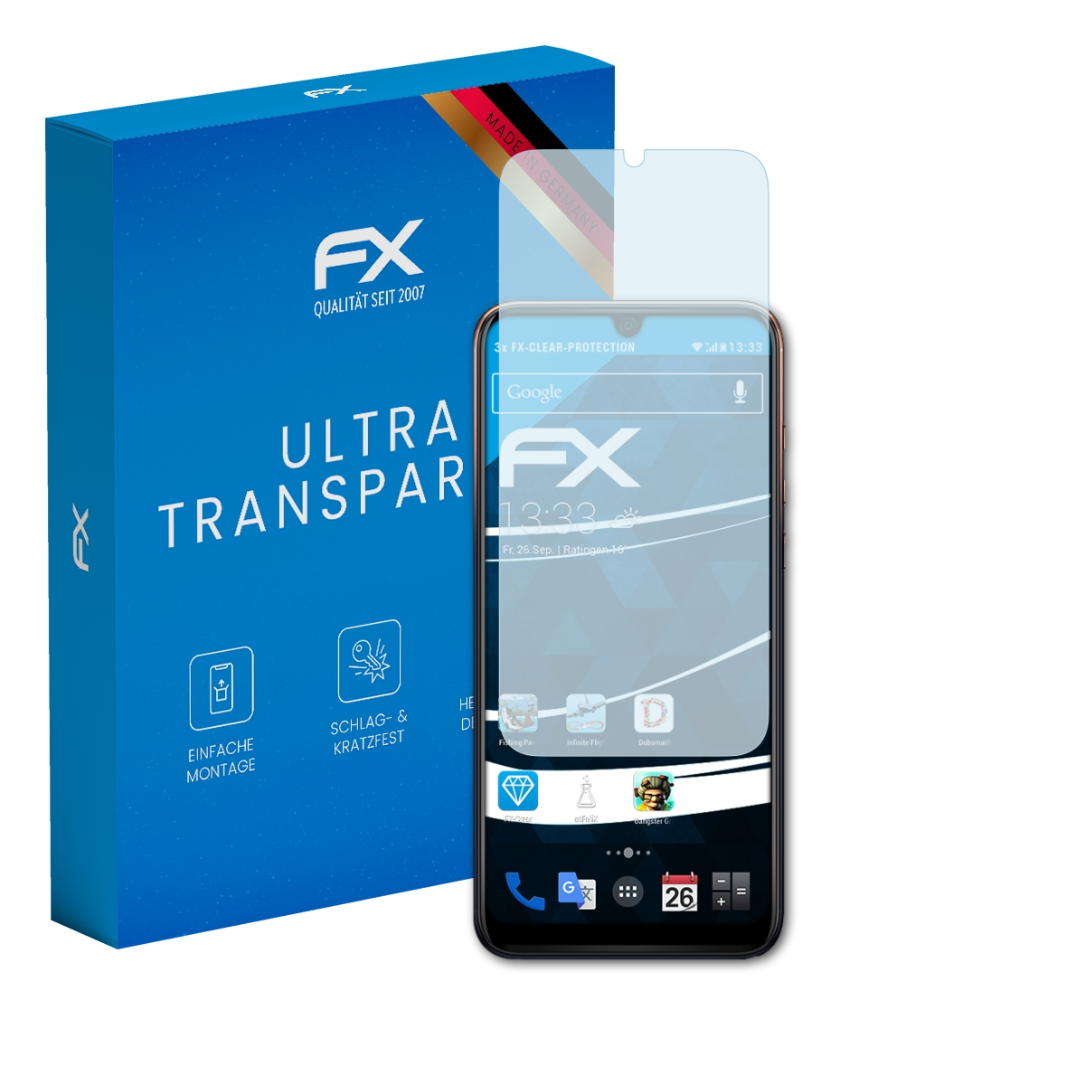 Smartphone mit Displayschutzfolie neben blauer Box. FX-Logo, Ultra Transparent Text.