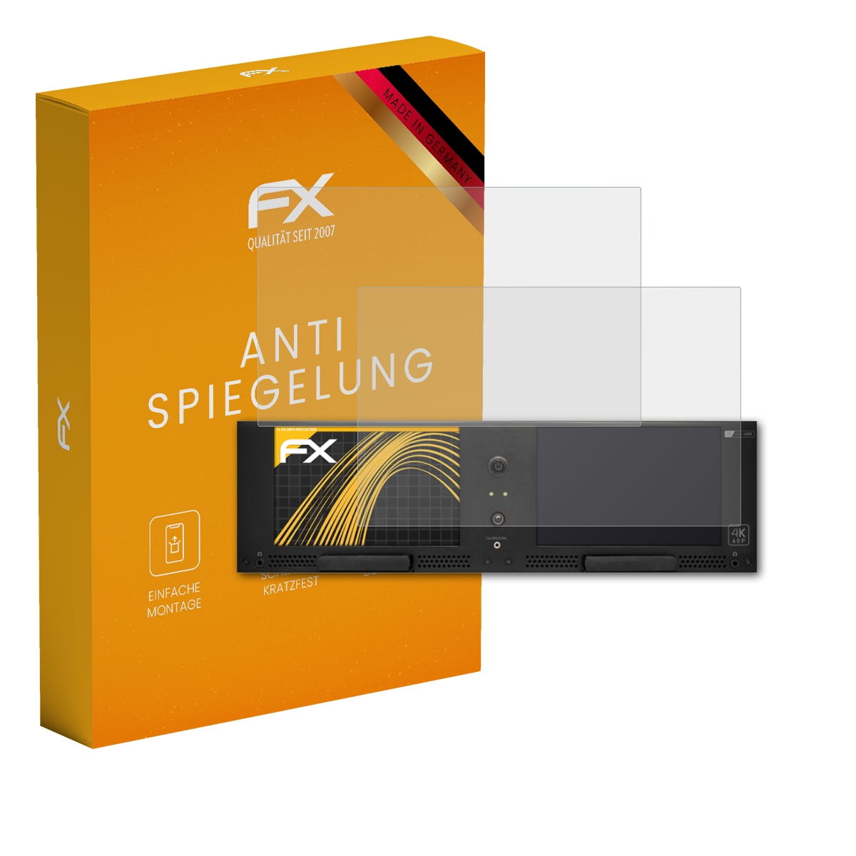 Ein Server mit Displayschutzfolie neben einer Schachtel, beide mit FX und 'Anti-Spiegelung'.