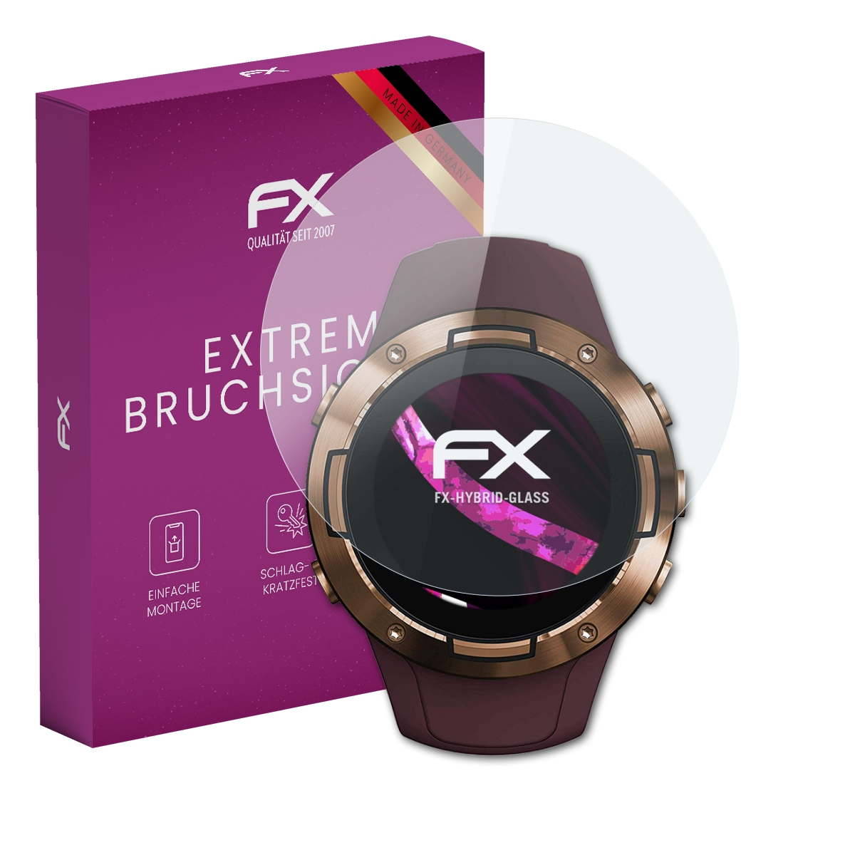 Uhr mit Displayschutz. Lila Box mit FX-Logo und Text. Klarer Schutz über dem Zifferblatt.