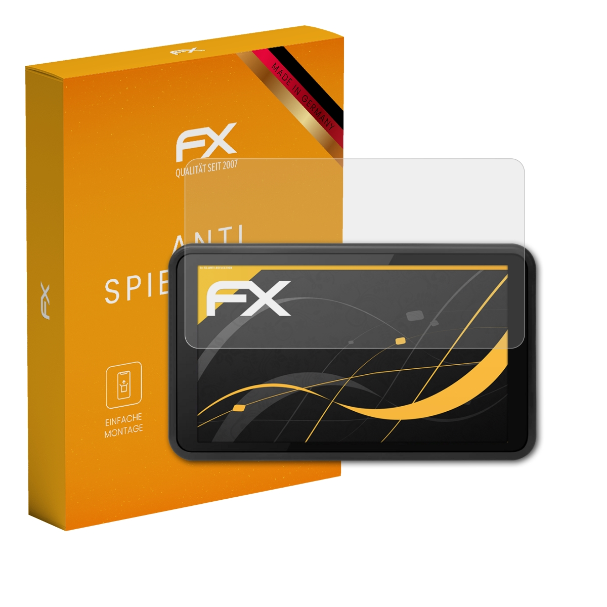 Telefon mit Displayschutz. Orangefarbene Box mit FX-Logo und Text. Klarer Schutz über dem Bildschirm.
