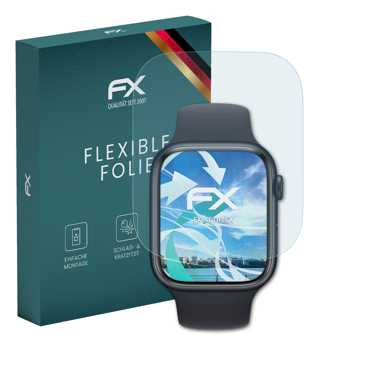Eine schwarze Smartwatch mit Displayschutzfolie und einer türkisfarbenen Box. Auf der Box steht Flexible Folie und FX.
