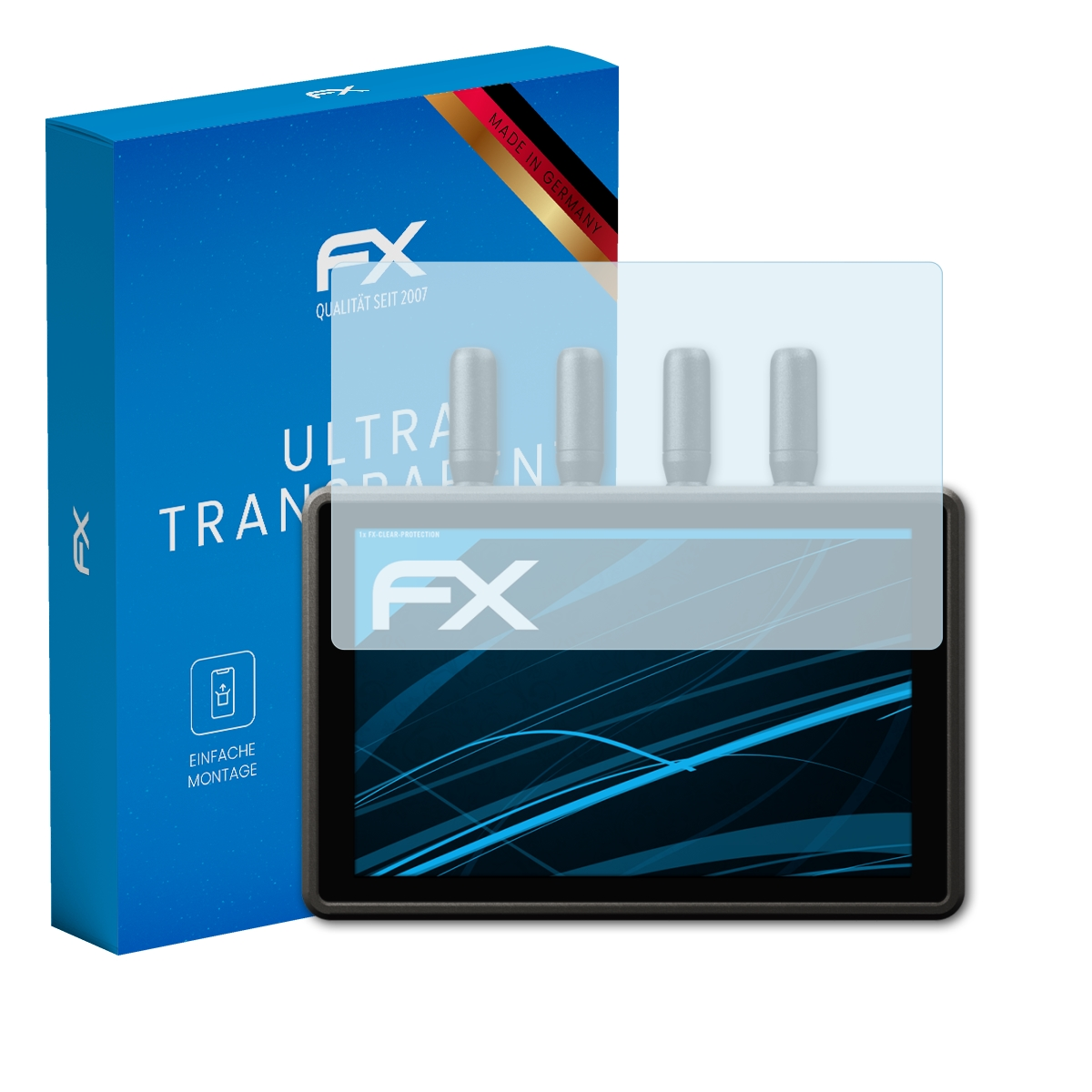 Blaue Box, Tablet und Displayschutzfolie. Boxtext: ultra transparent. Tablet und Schutz werden gezeigt.