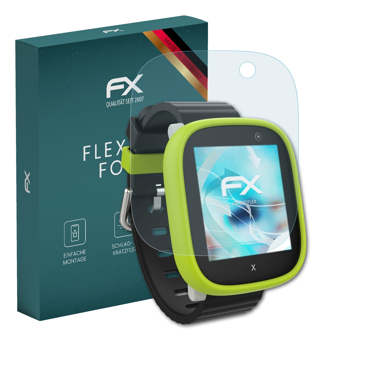 Eine Smartwatch mit Displayschutz und einer Box. Die Uhr hat ein grün-schwarzes Armband.