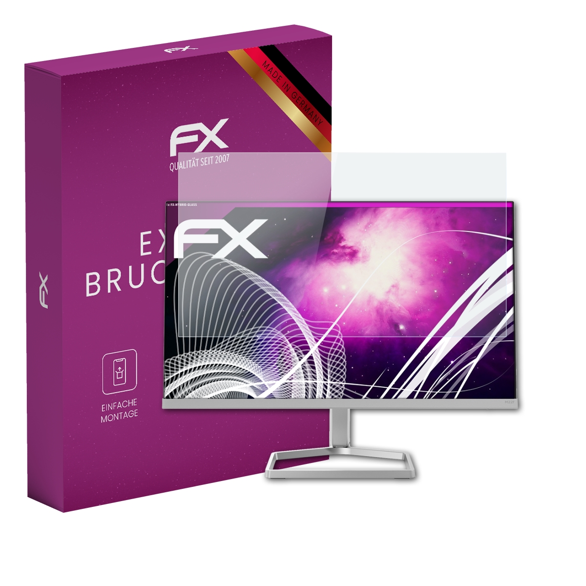 Monitor mit Displayschutzfolie, Karton mit Text 'FX'. Monitor zeigt eine Galaxie.