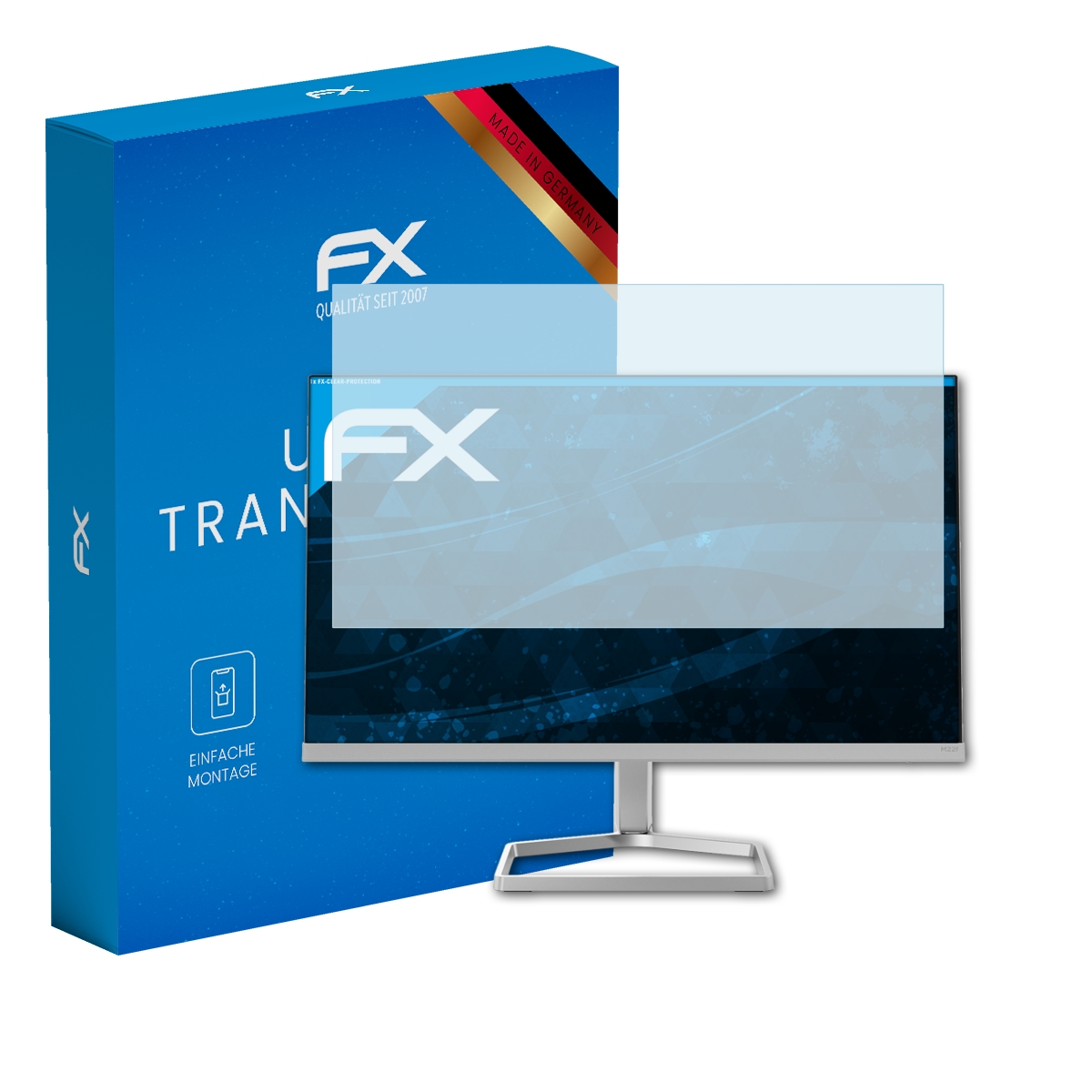 Eine blaue Box und ein Monitor mit Displayschutz. Der Bildschirm zeigt einen dunkelblauen Farbverlauf.