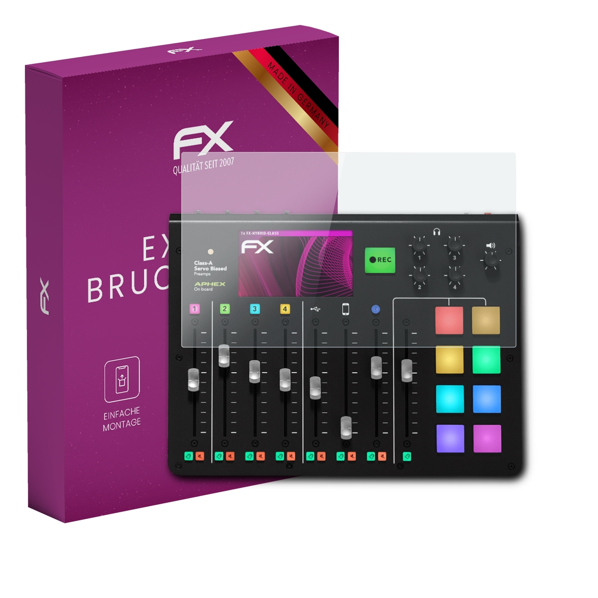 Ein Audiomixer mit Displayschutz neben einer lila Box.
