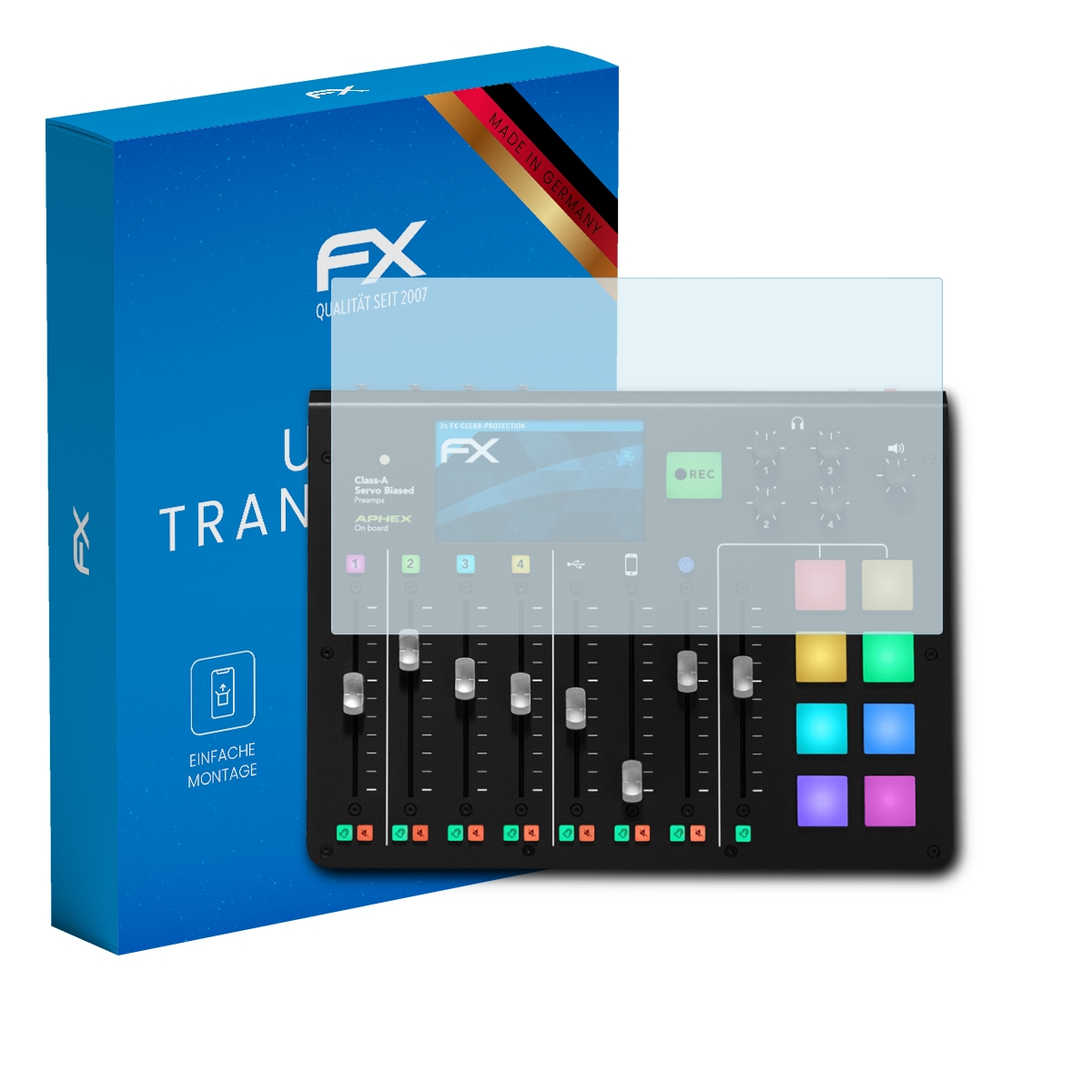 Ein schwarzer Soundmixer mit Displayschutz und einer blauen Box mit deutschem Text.