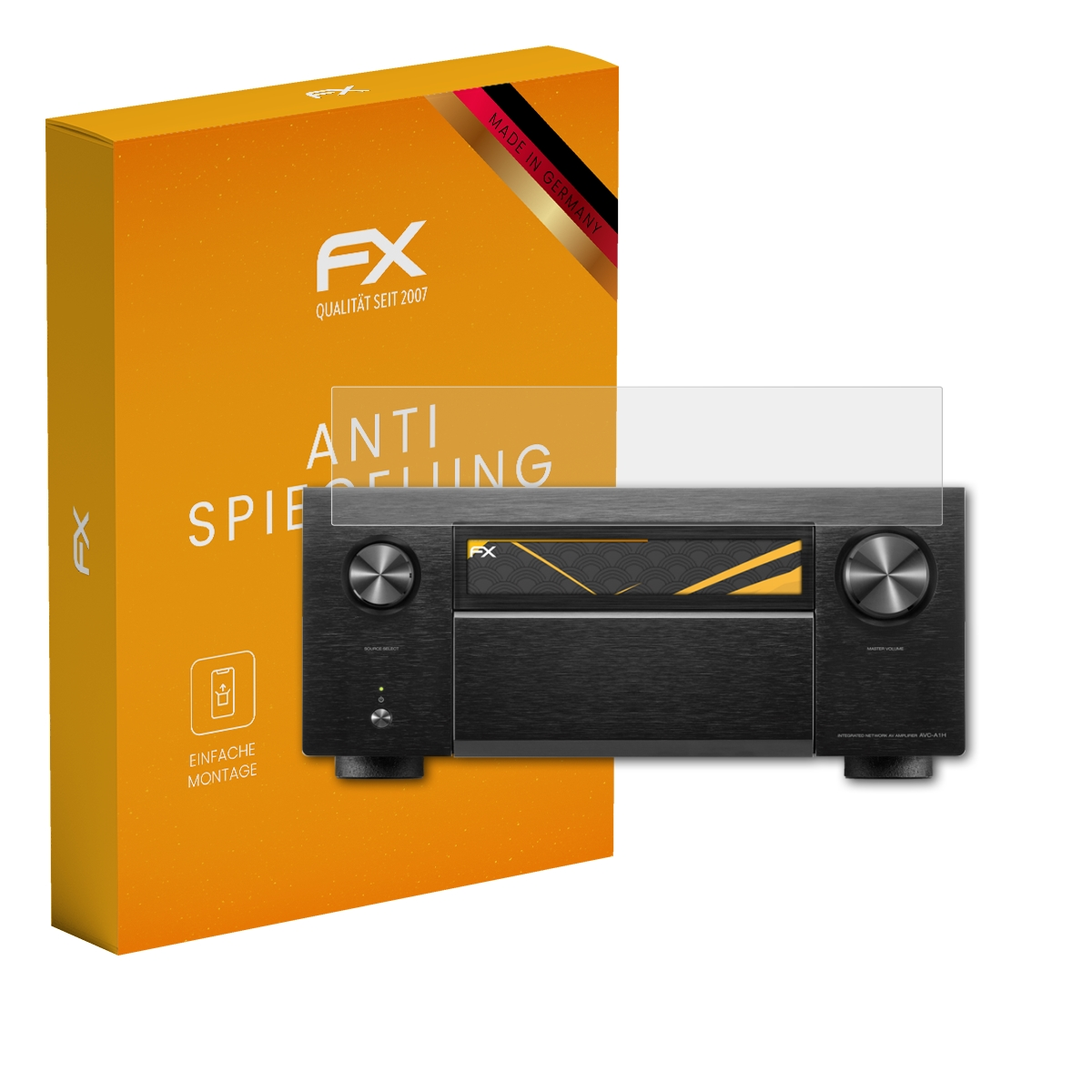 Orangefarbene Box mit 'FX'-Logo und ein schwarzes Gerät mit Glasschutzfolie.