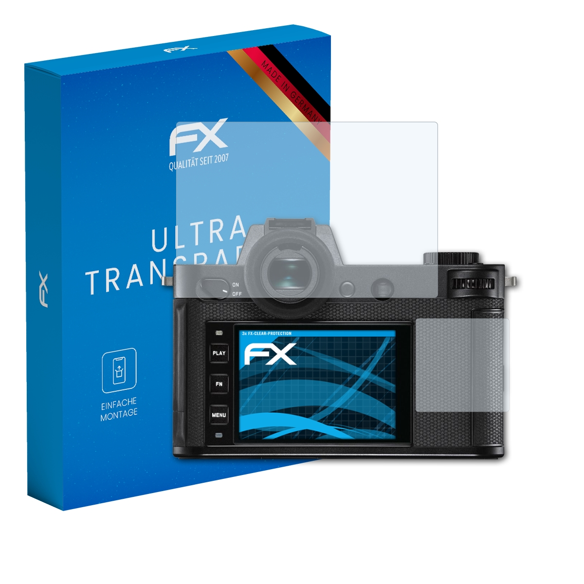 Kamera mit Displayschutzfolie neben blauer Box mit Produktinformationen.