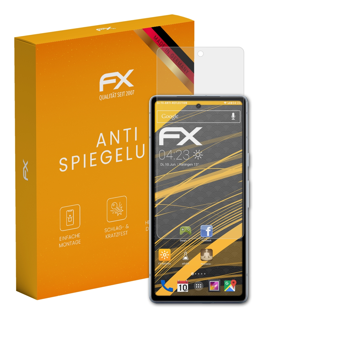Smartphone mit Displayschutz und orangefarbener Box. Der Bildschirm zeigt Google.