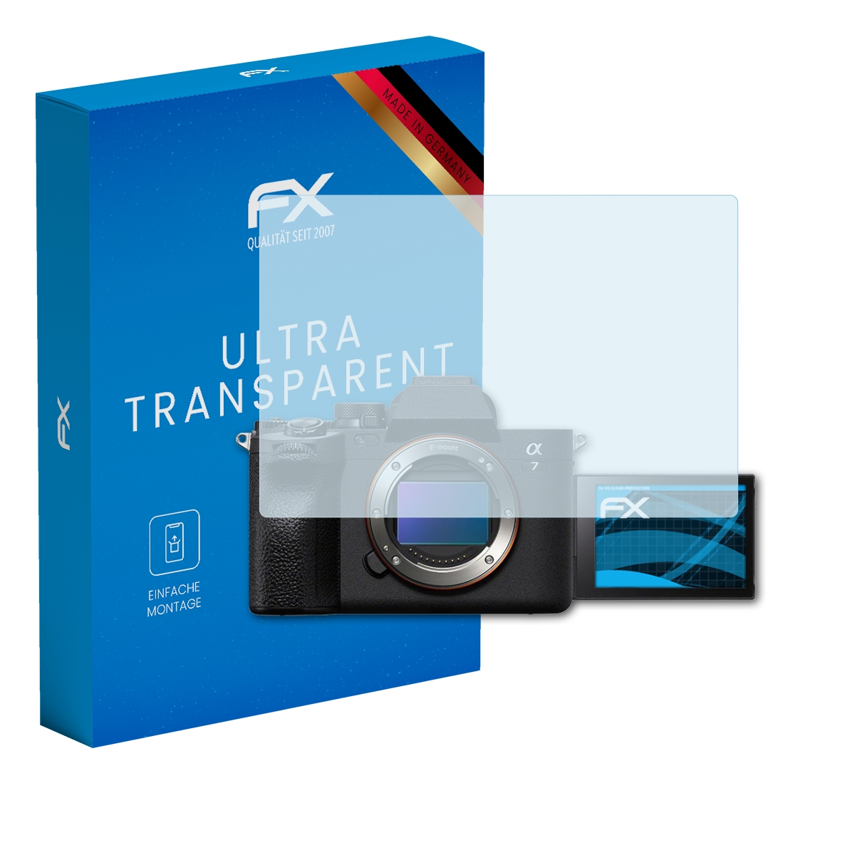 Kamera mit Displayschutz und blauer Box. Die Box sagt 'Ultra Transparent'.