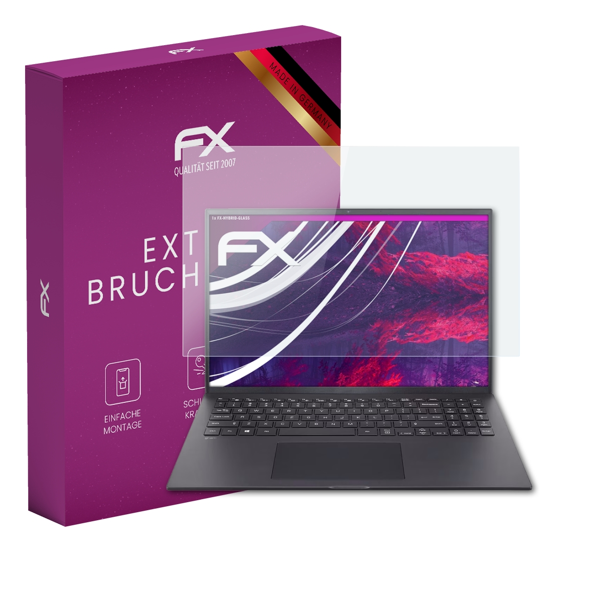 Ein Laptop mit Schutzfolie und eine lila Box. Der Laptop-Bildschirm zeigt einen rosa-roten Hintergrund.