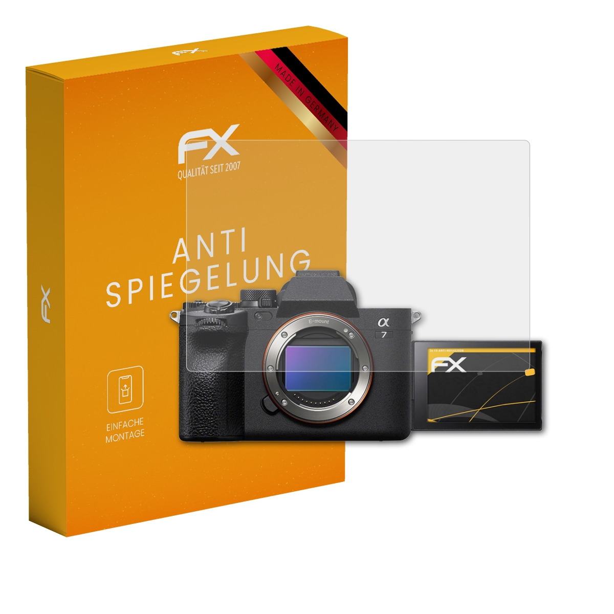 Orange Box, Kamera, Displayschutz. Kamera mit Objektiv und Bildschirm.