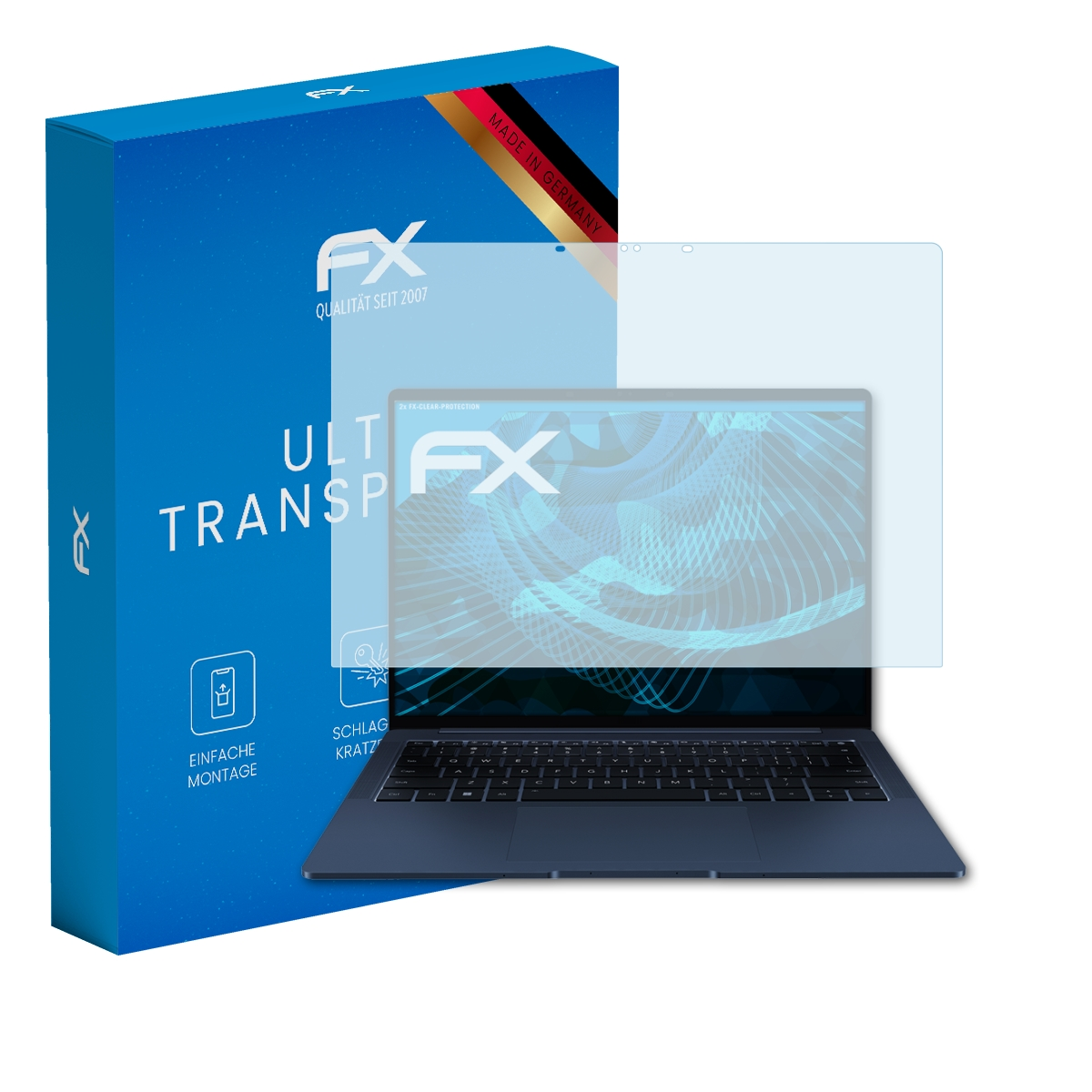 Box und Displayschutz für Laptop. Der Laptop ist auf einem Tisch geöffnet.