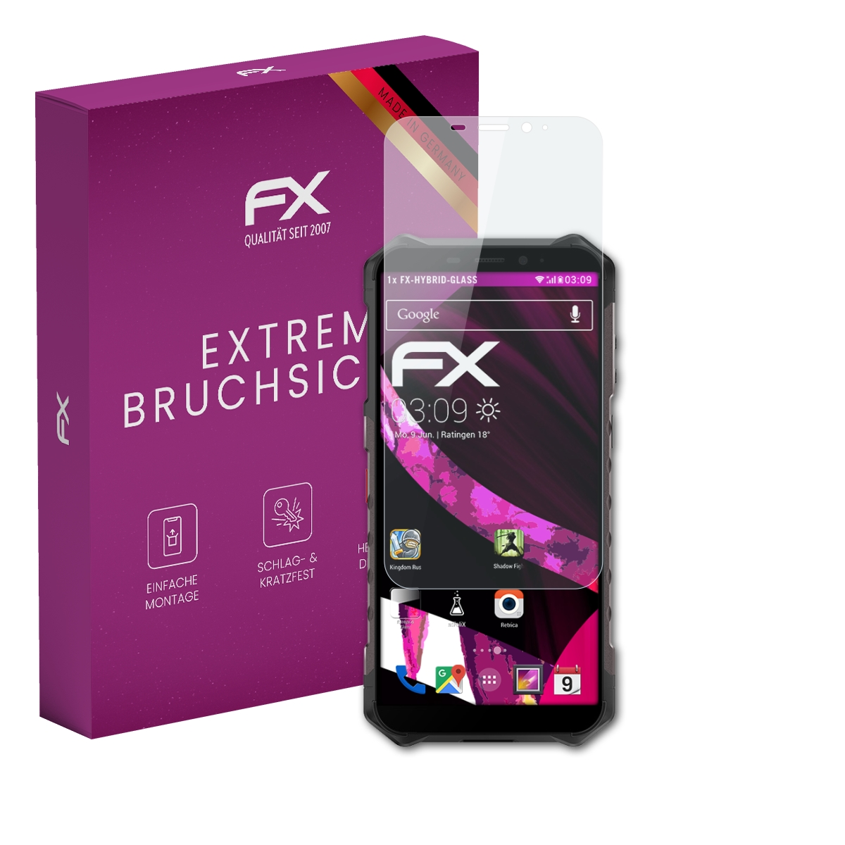 Lila Box mit Telefon-Displayschutz. Das Telefon zeigt einen App-Bildschirm.