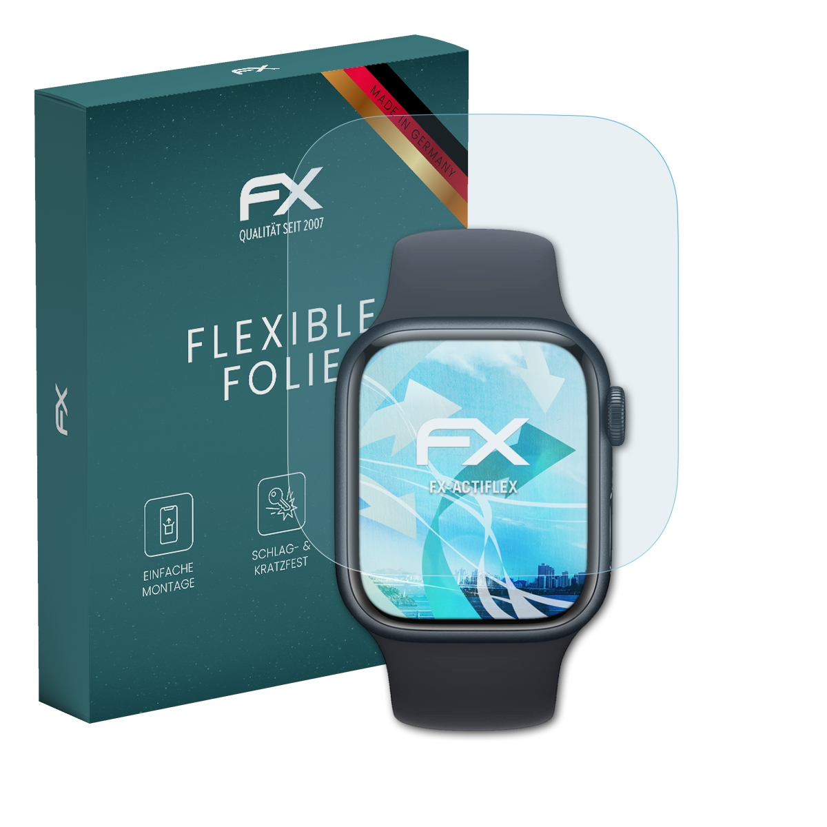 Schwarze Smartwatch mit Displayschutzfolie und grüner Box mit Text.
