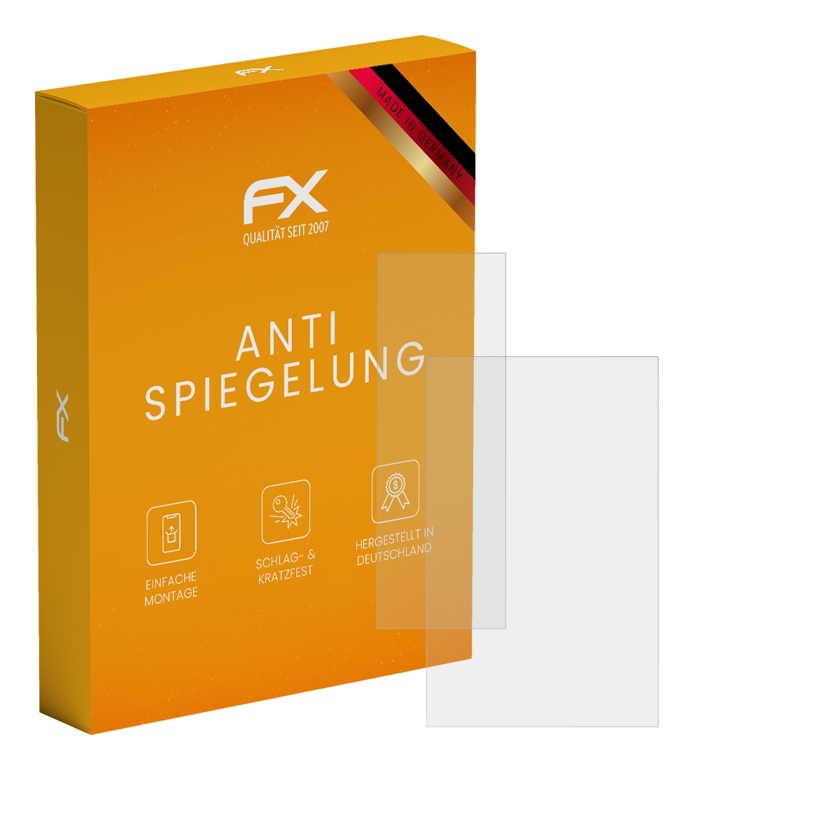 Eine orangefarbene Schachtel mit zwei klaren Displayschutzfolien. Die Schutzfolien sind klar.
