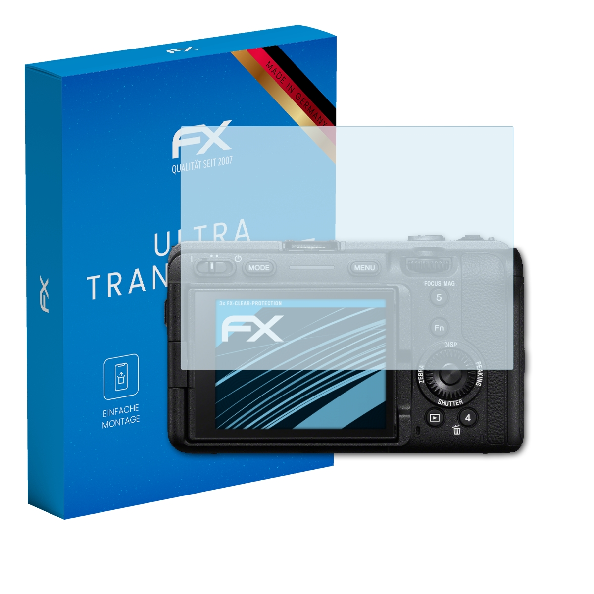 Eine Kamera mit Displayschutz und eine blaue Box mit der Aufschrift 'ULTRA TRANSPARENT'.