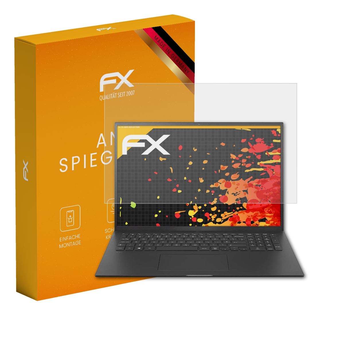 Orangefarbene Box und Displayschutzfolie über einem schwarzen Laptop.