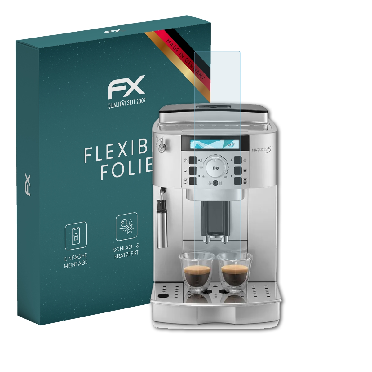 Eine Kaffeemaschine mit Displayschutz und Box. Auf der Maschine stehen zwei Tassen.