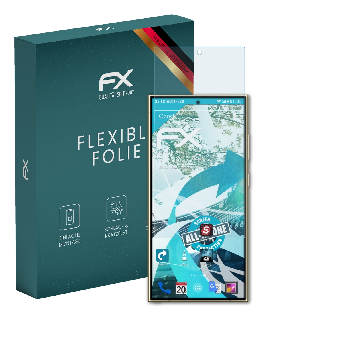 Eine Bildschirmschutzbox und ein Smartphone mit angebrachtem Bildschirmschutz.