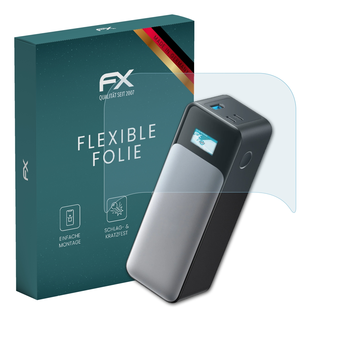 Ein Displayschutz über einer Powerbank und eine blaue Box mit FX-Logo und deutschem Text.
