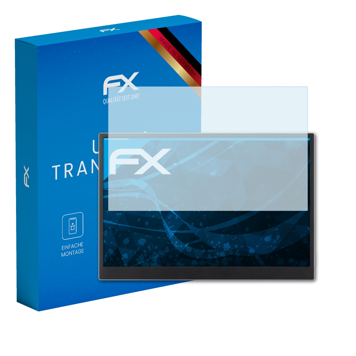 Ein Displayschutz über einem Tablet und eine blaue Box mit FX-Logo und deutschem Text.