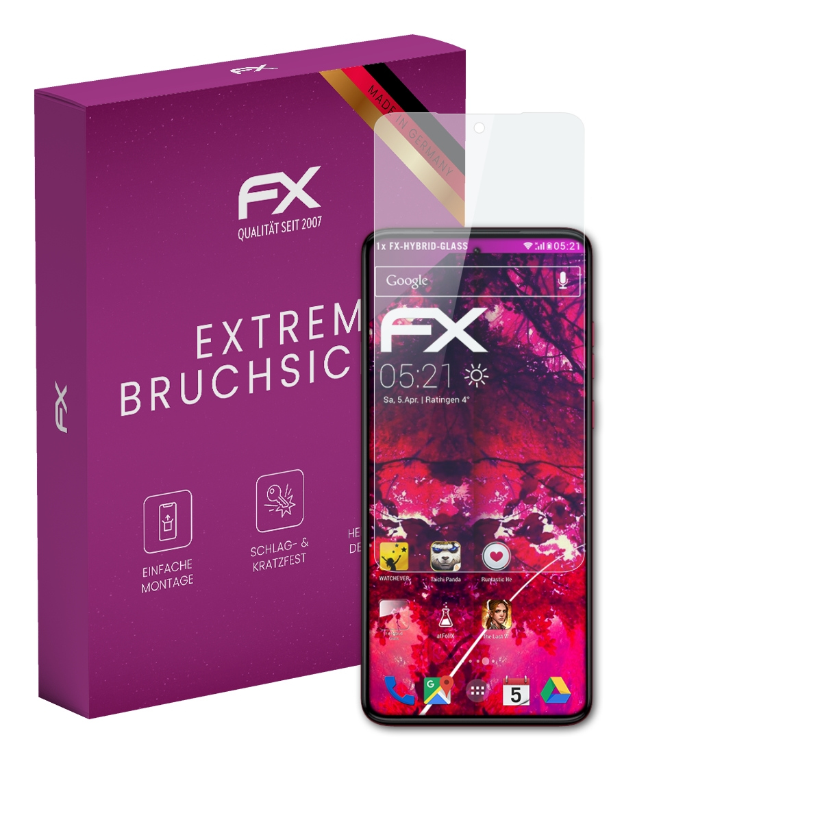 Lila Schachtel, Smartphone und Displayschutz. Der Schutz bedeckt den Telefonbildschirm.