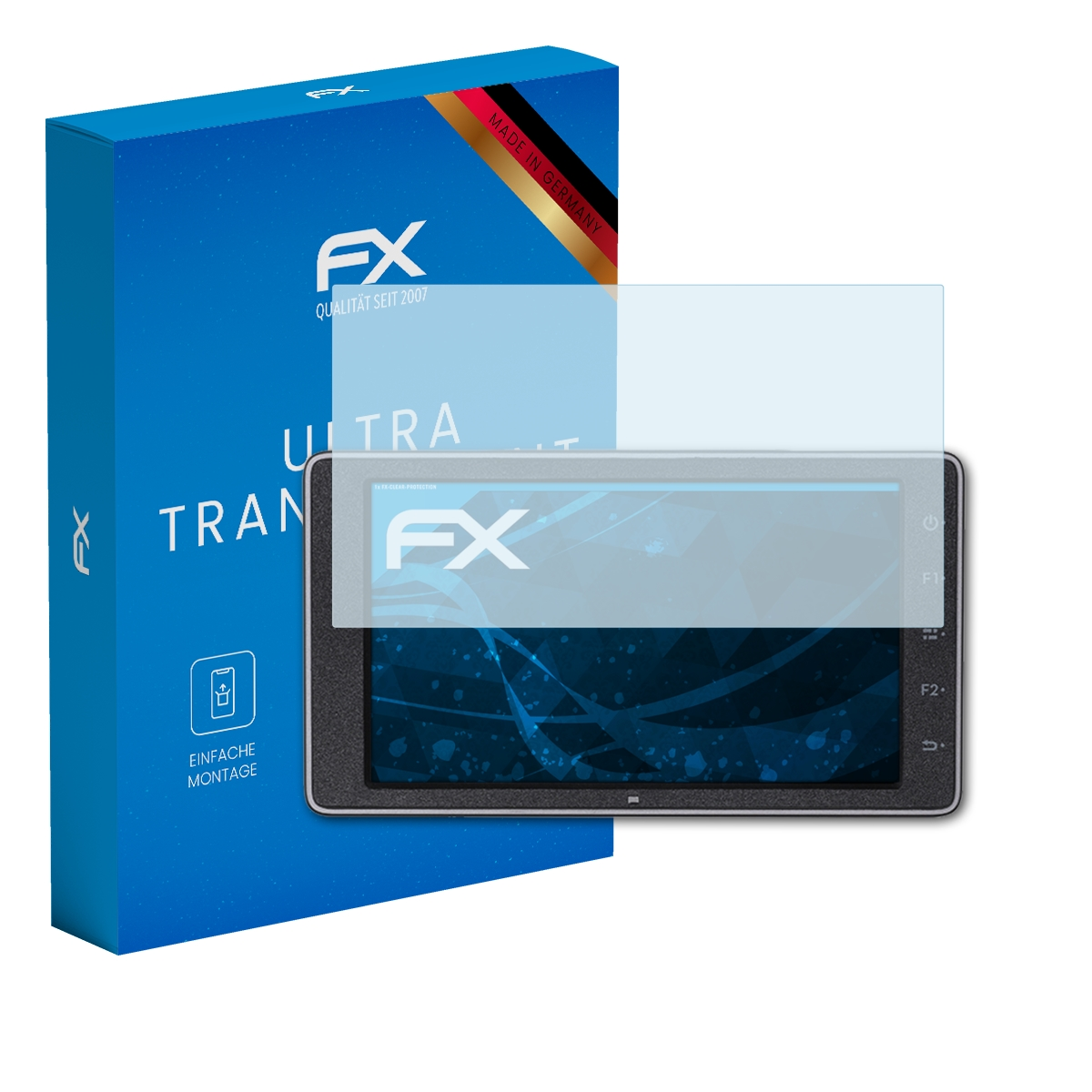 Bildschirm mit Displayschutz, Box links. Text 'ULTRA TRANSPARENT'. Hergestellt in Deutschland.
