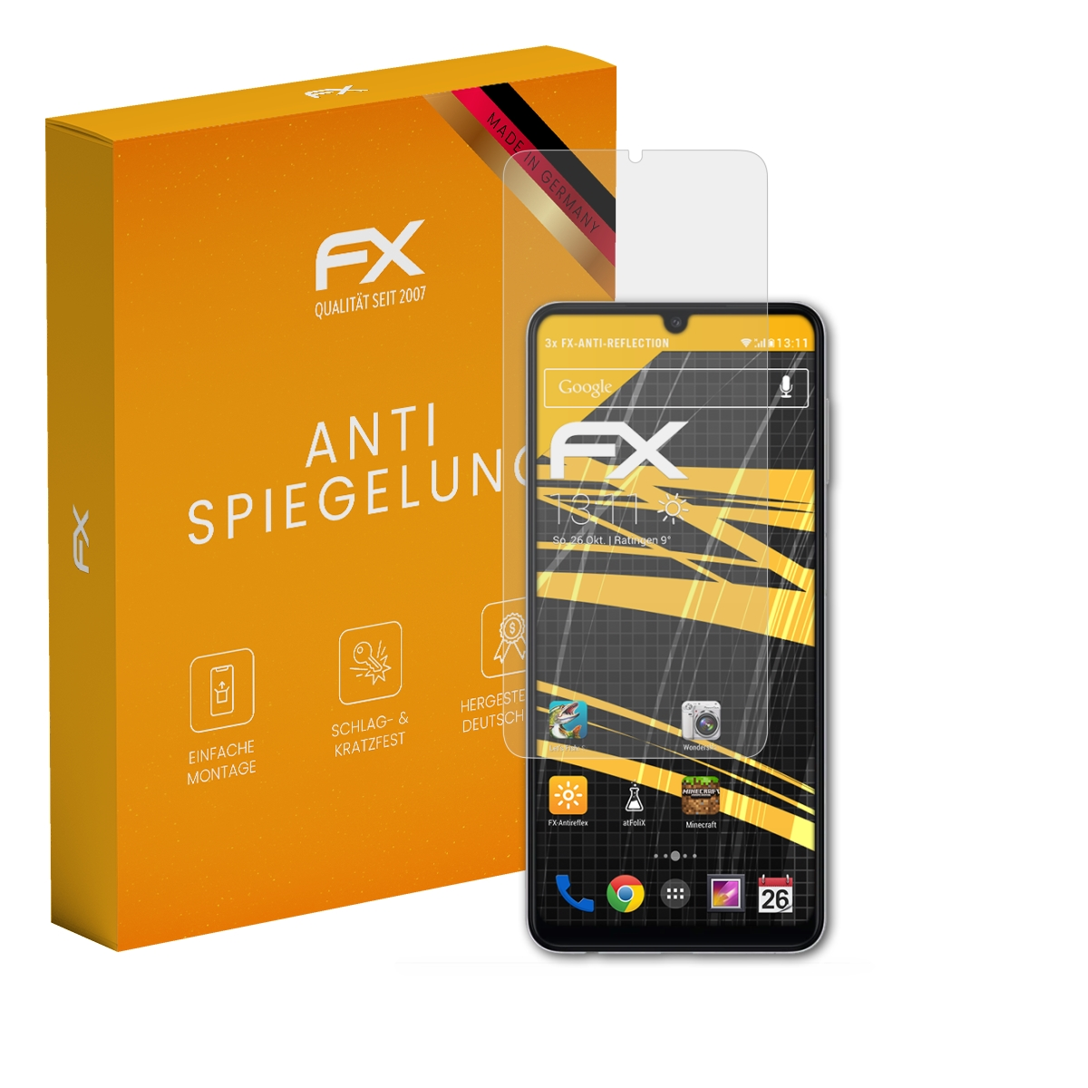 Telefon mit Displayschutz, Box mit 'FX' Logo. Bildschirm zeigt Zeit und App-Symbole.