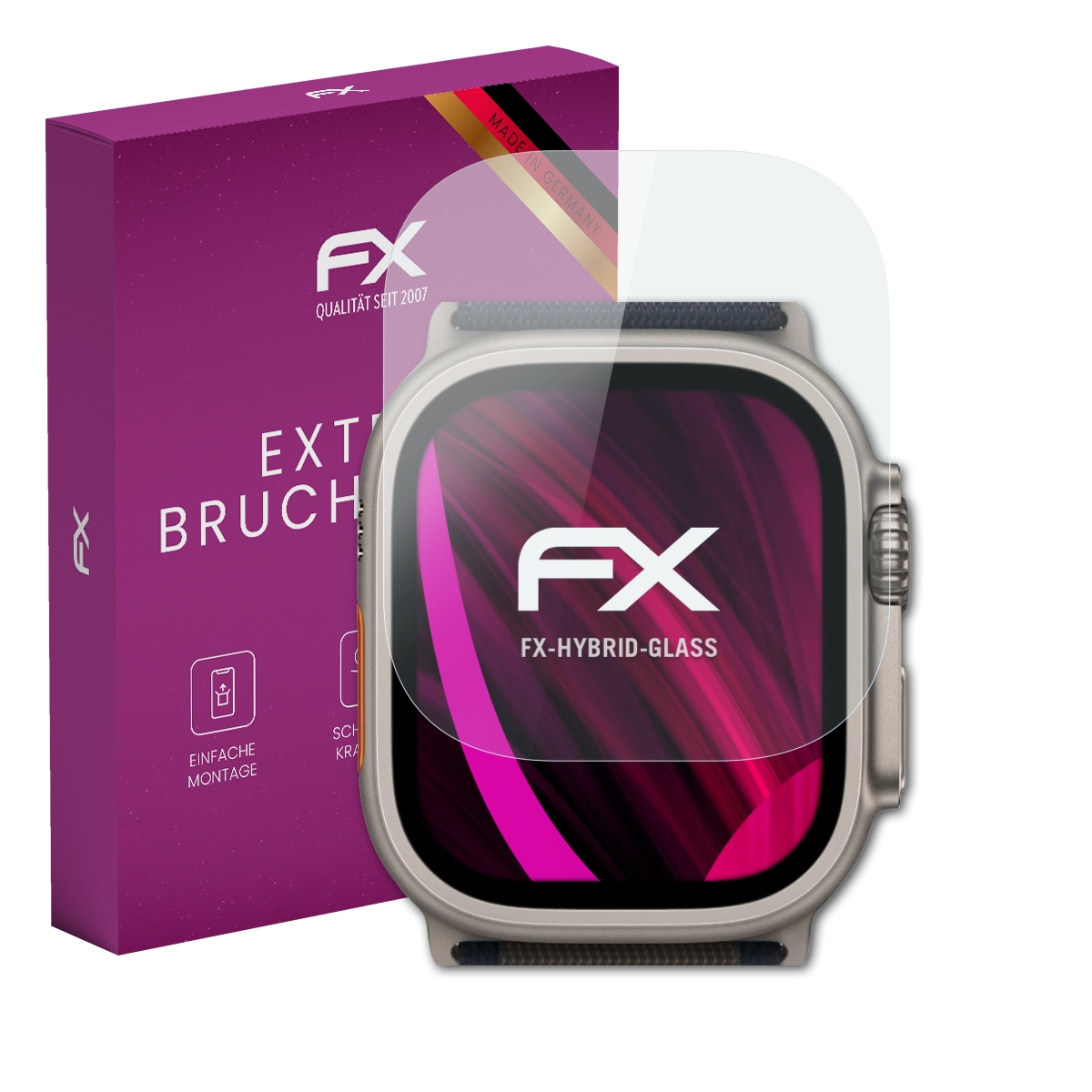 Smartwatch mit Displayschutz und lila Box. Die Box hat FX-Logo und Text.