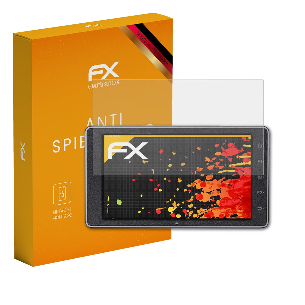 Gerät mit Displayschutz, orange Box. Made in Germany, FX-Logo auf dem Display sichtbar.