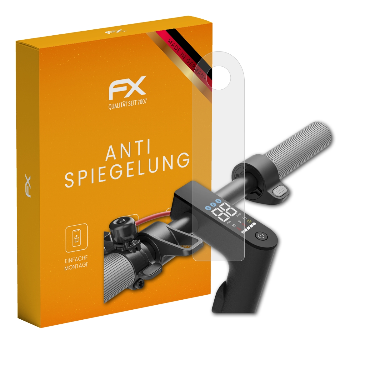 E-Scooter-Lenker mit Displayschutz, Box mit 'Anti Spiegelung'. Der Schutz ist klar.