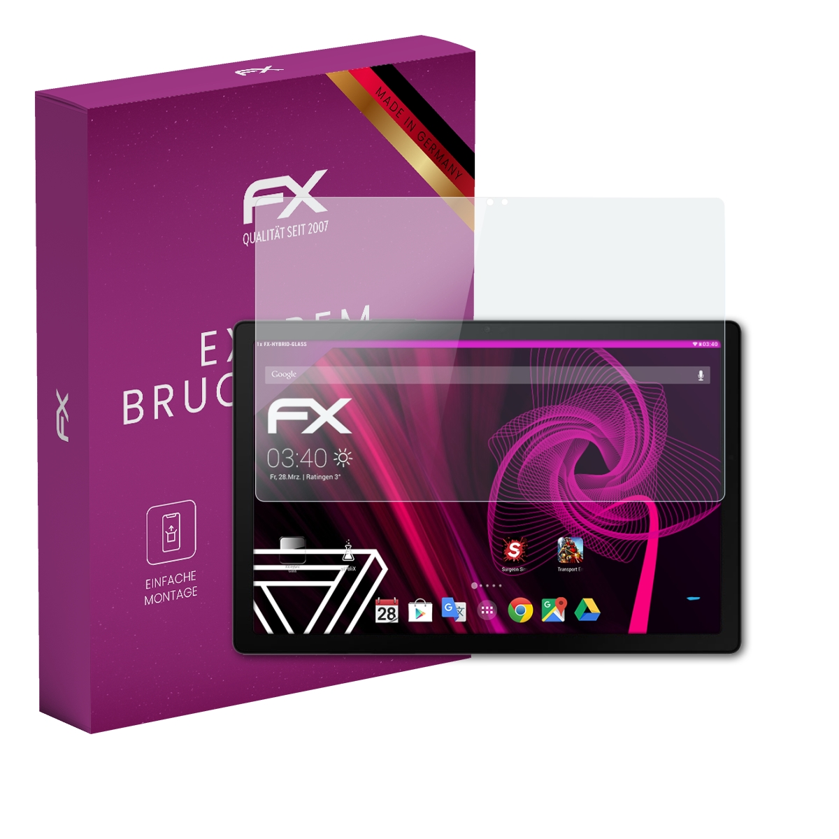 Tablet mit Displayschutz. Lila Box mit 'Ex Bruch'. Tablet zeigt Apps und Zeit.