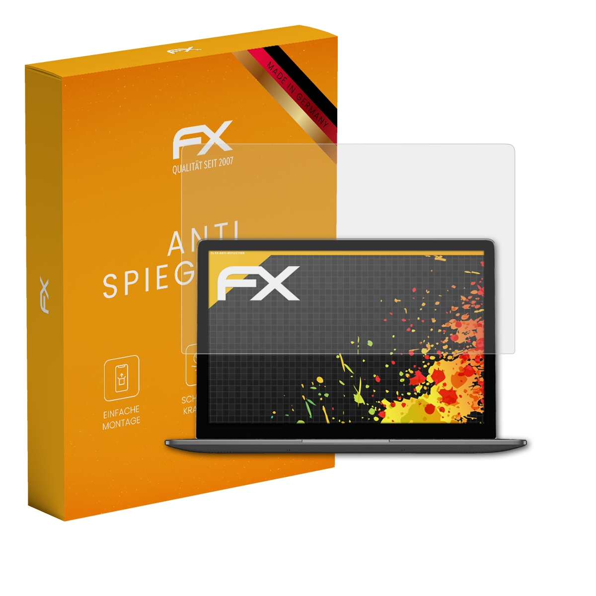 Laptop-Displayschutzfolie mit Box. Laptop-Bildschirm zeigt Raster und Farbe. Box hat Logo und Text. Made in Germany.