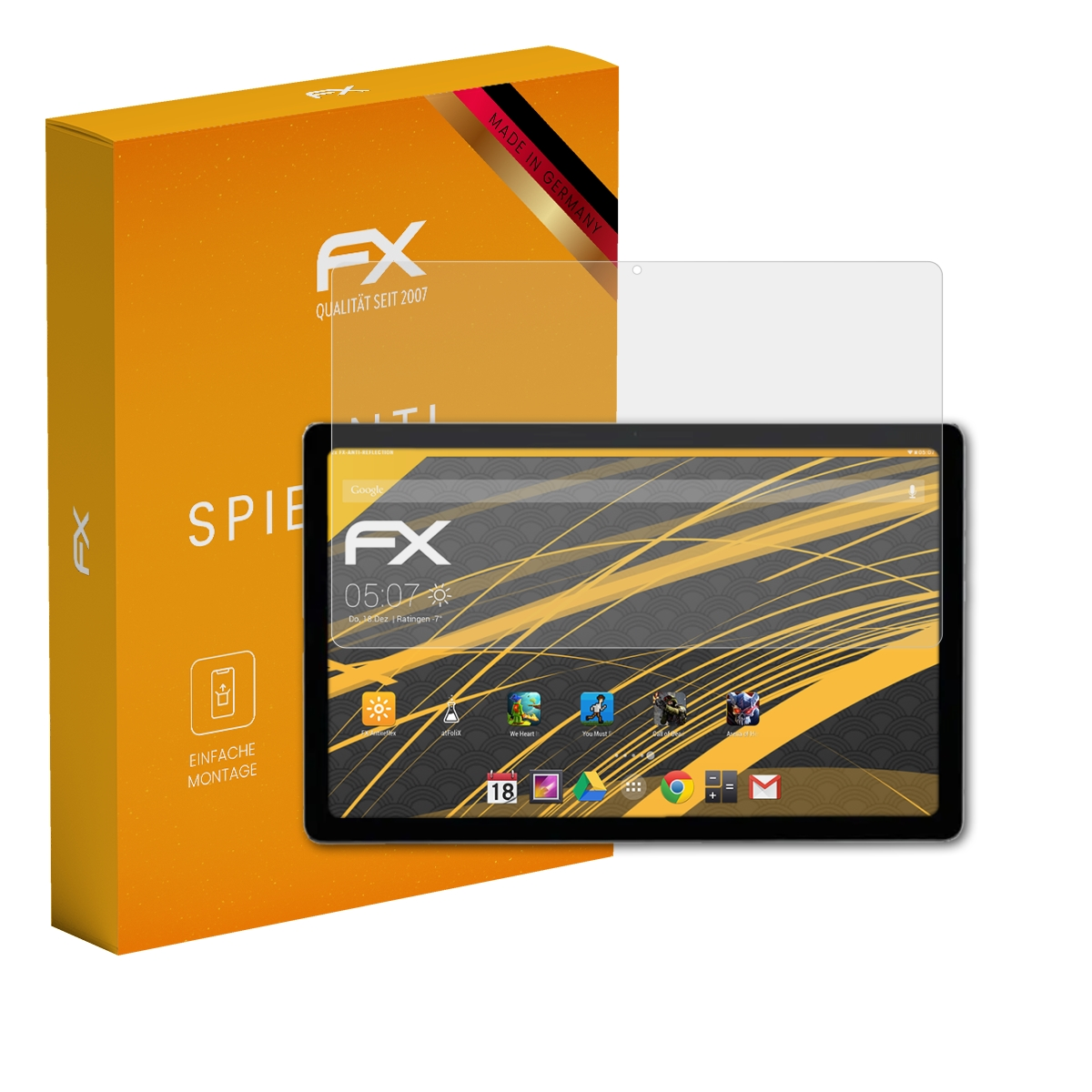 Orangefarbene Schachtel, Tablet mit Apps, Displayschutzfolie.