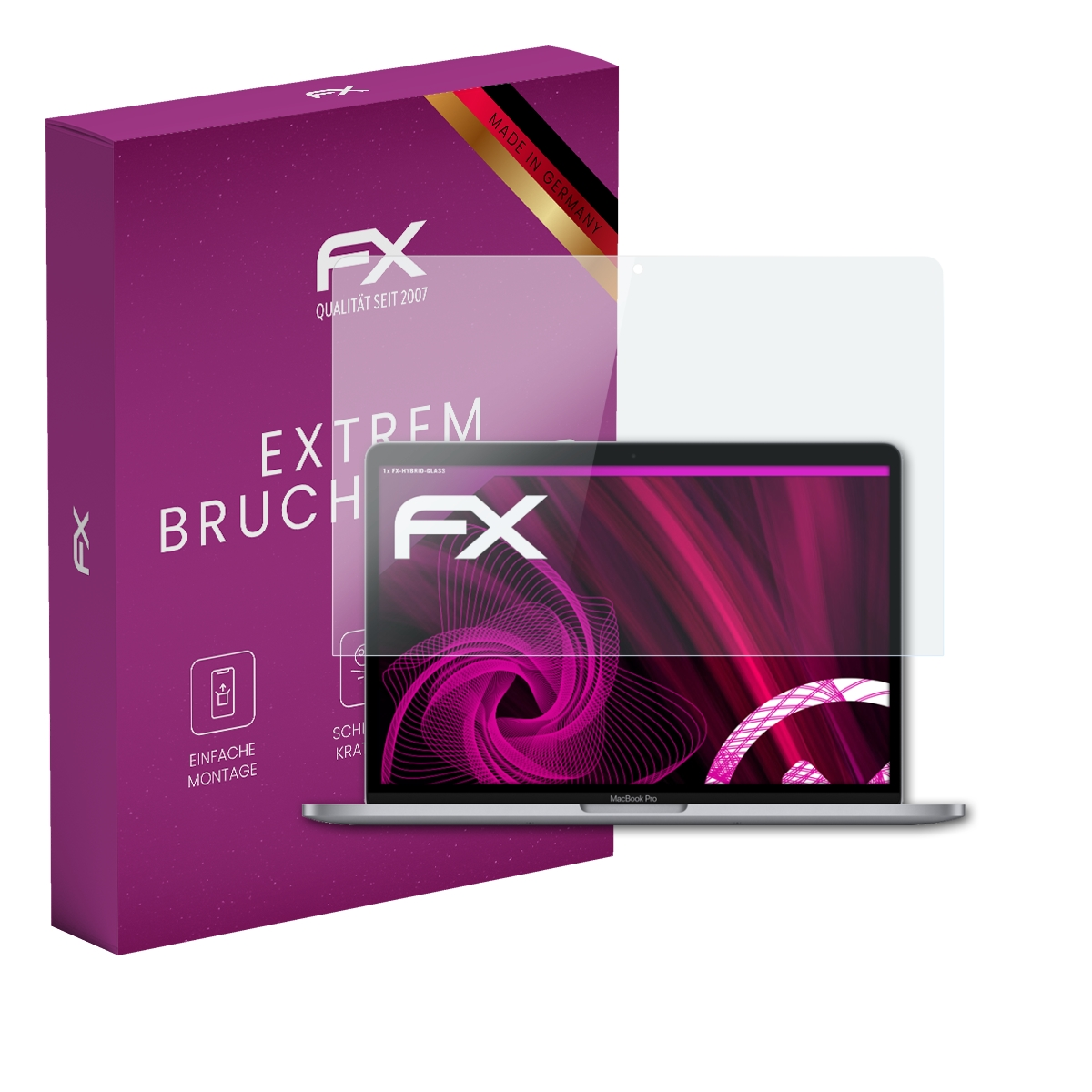 Ein MacBook Pro mit Displayschutzfolie und einer lila Box. Auf der Box steht 'EXTREM BRUCH'.