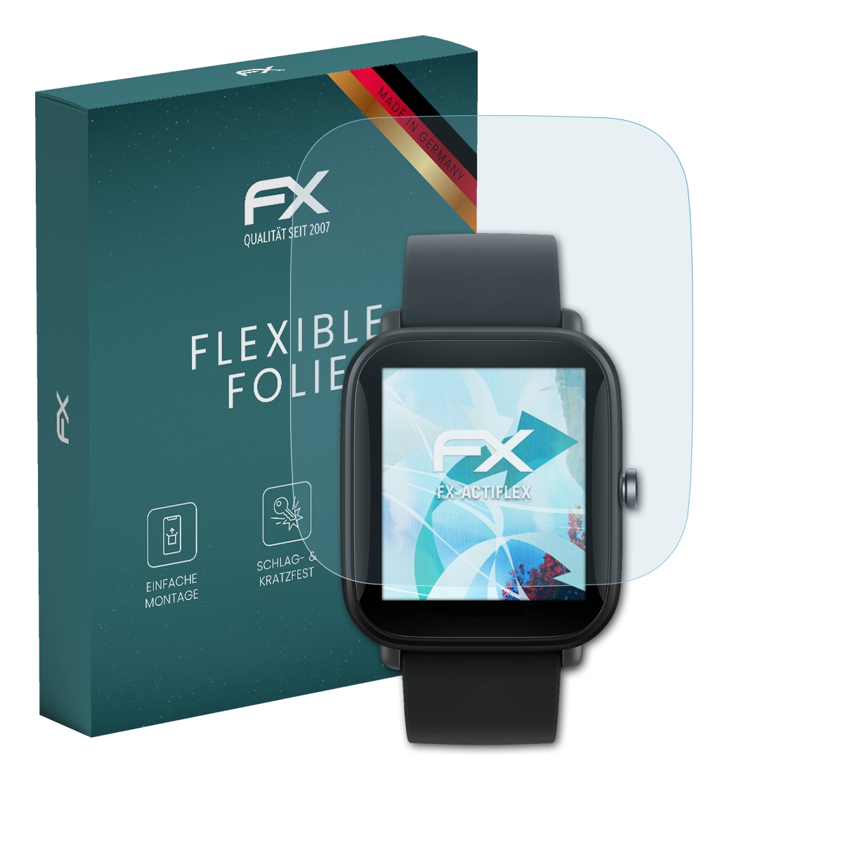 Smartwatch mit Displayschutzfolie und Box. Text: Flexible Folie, Made in Germany.