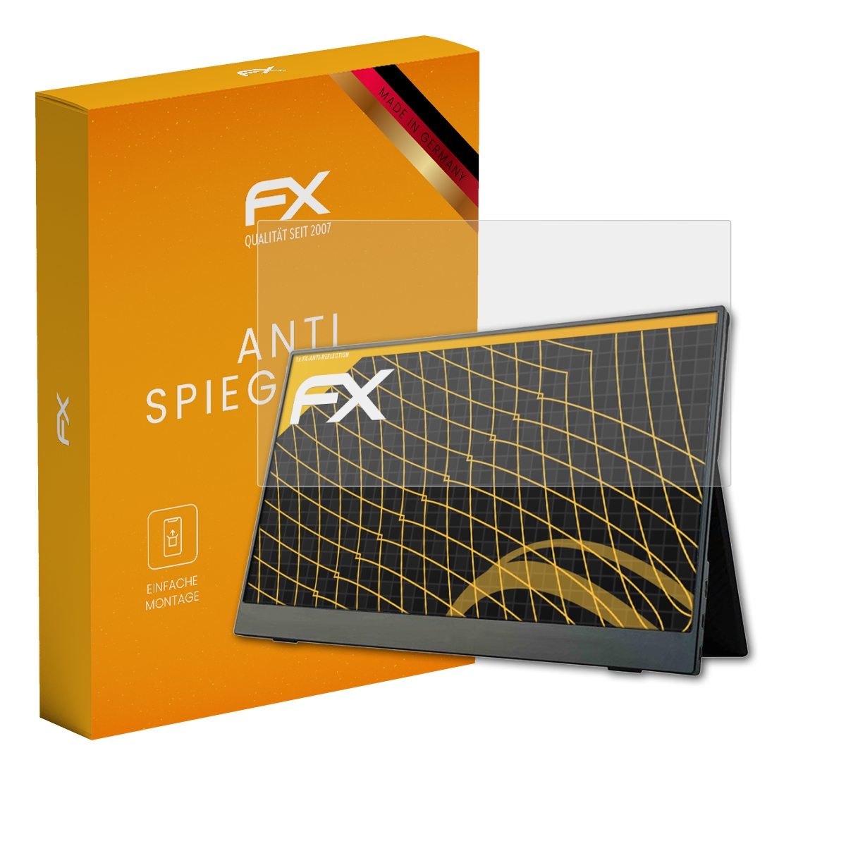 Tablet mit Displayschutzfolie und orangefarbener Box. Bildschirm zeigt schwarz-gelbes Design. Box sagt 'Made in Germany'.